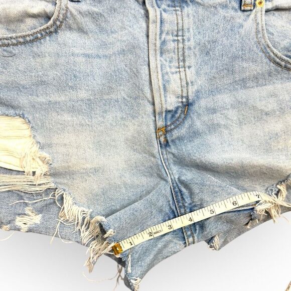 We the Free People Criss Cross Fray Denim Button Fly Cut Off Jean Shorts - Picture 9 of 9
